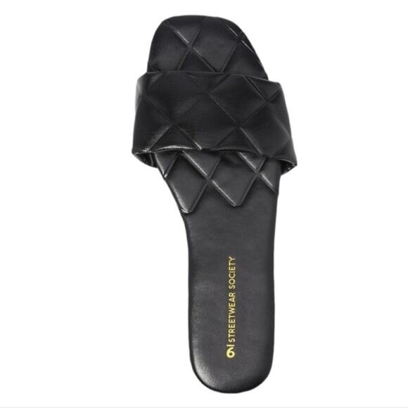 Quilted Band Embossed Sole Faux Leather Black Flat Slip-On Square Sandals - Picture 2 of 7